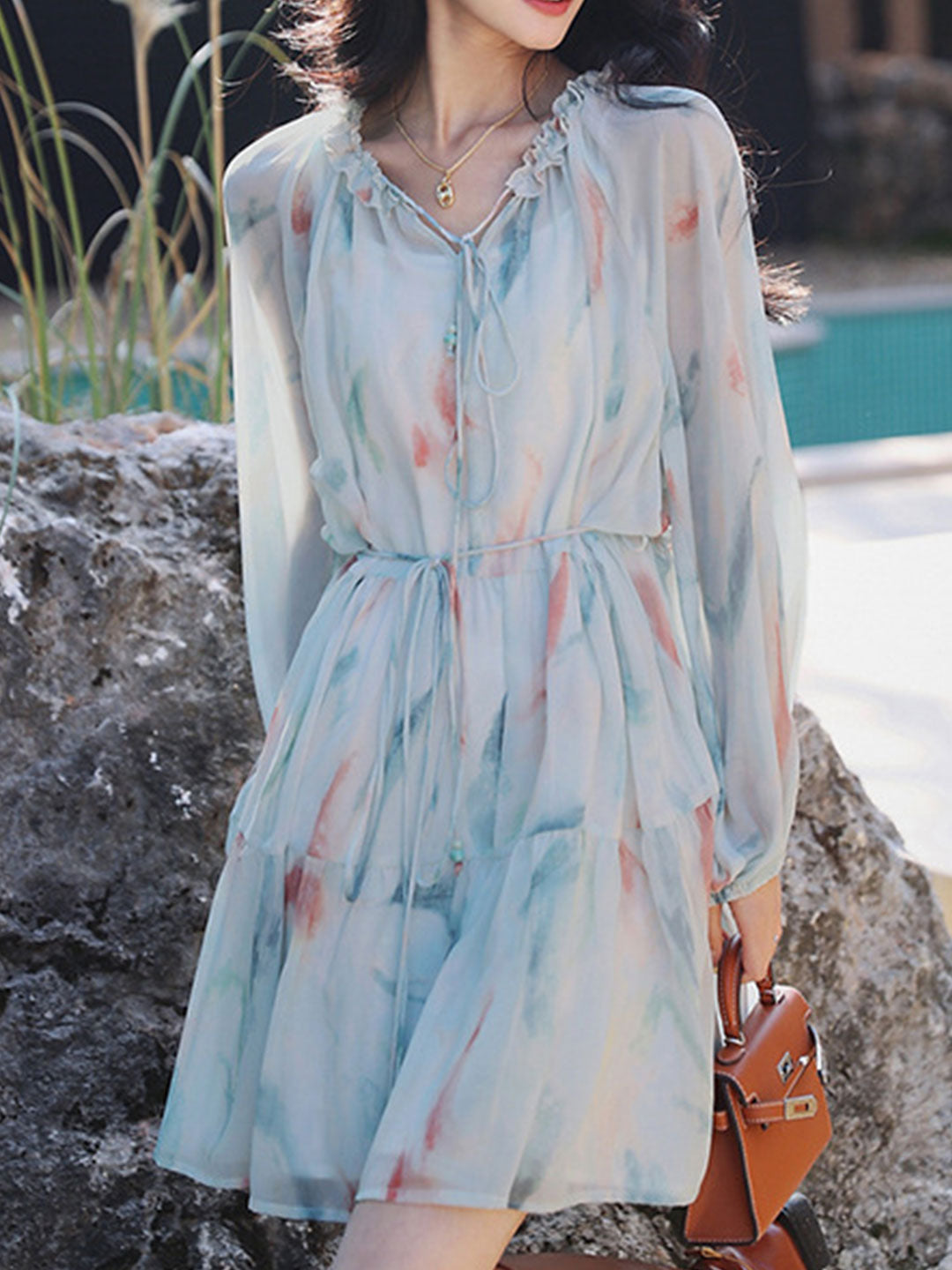 Julia Elegant Printed Floral Chiffon Dress  Roselili