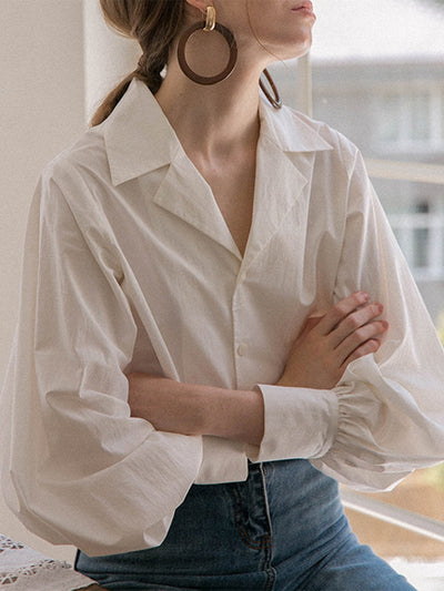 Elva Casual Puff Long Sleeve White V-neck Blouse