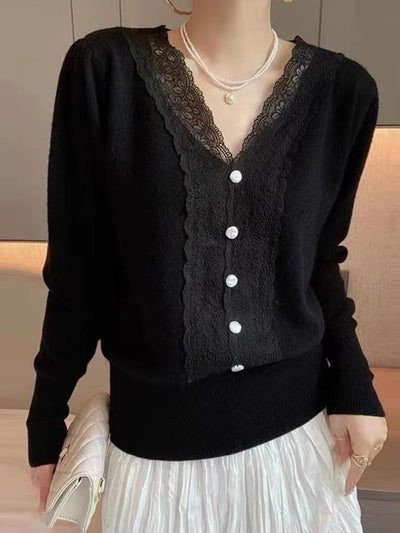 Elaine French Style V-Neck Lace Stitching Knitted Sweater-White