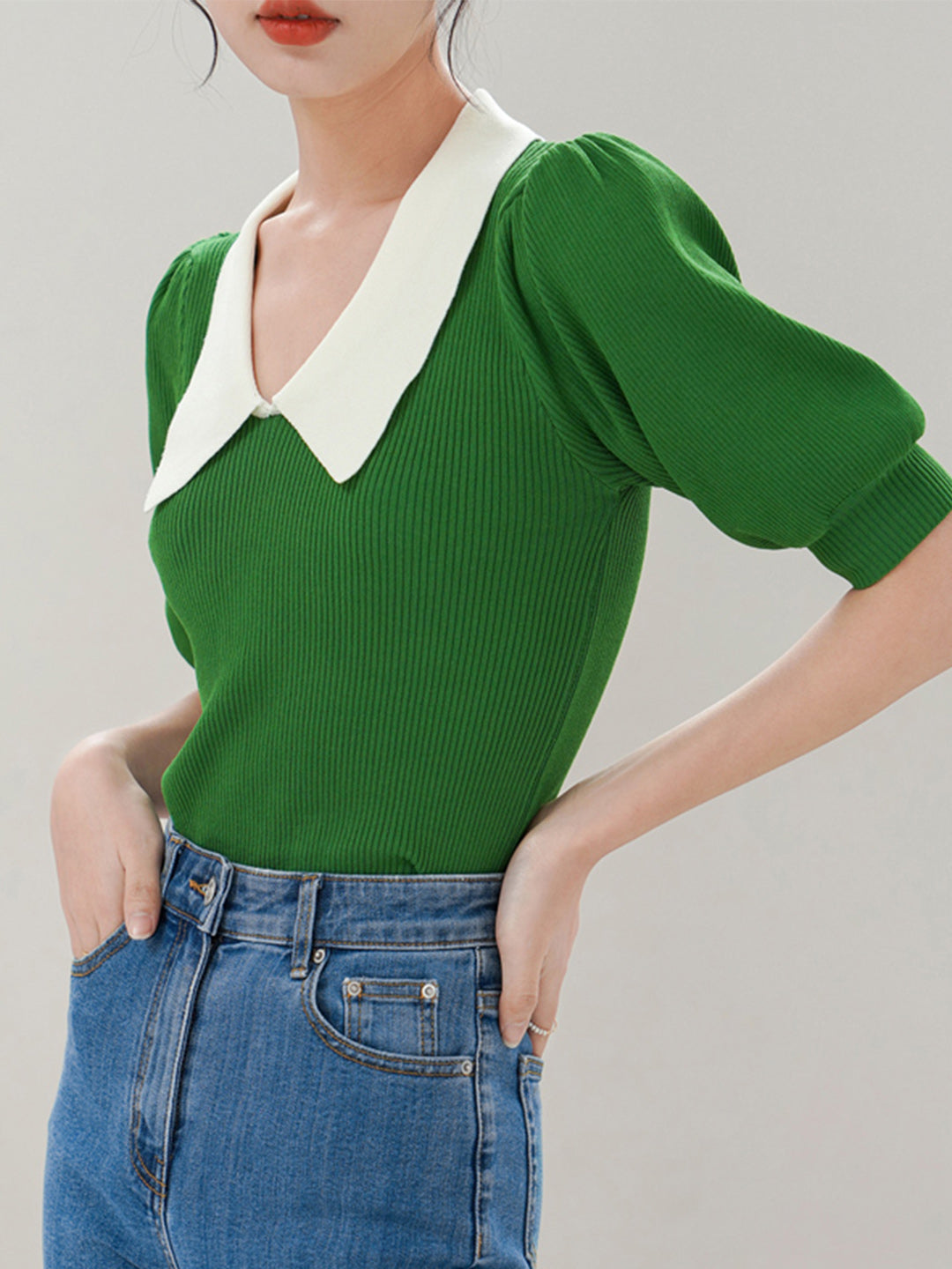 Alexis Retro Lapel Puff Sleeve Knitted Tops-Green