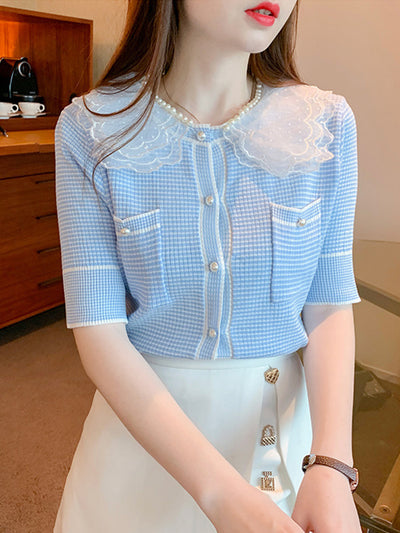 Emily Classic Pearl Lace Stitching Embroidery Tops-Yellow