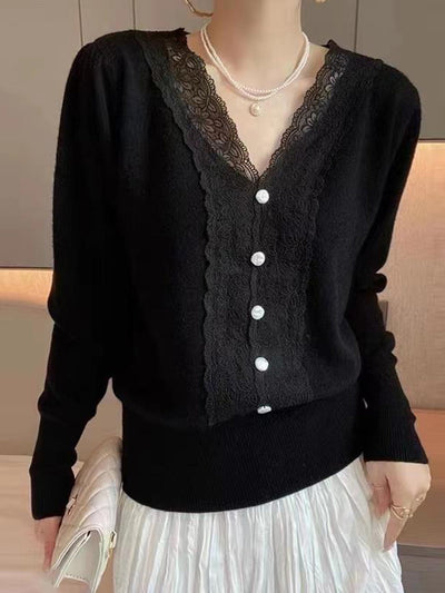 Elaine French Style  V-Neck Lace Stitching Knitted Sweater-Black