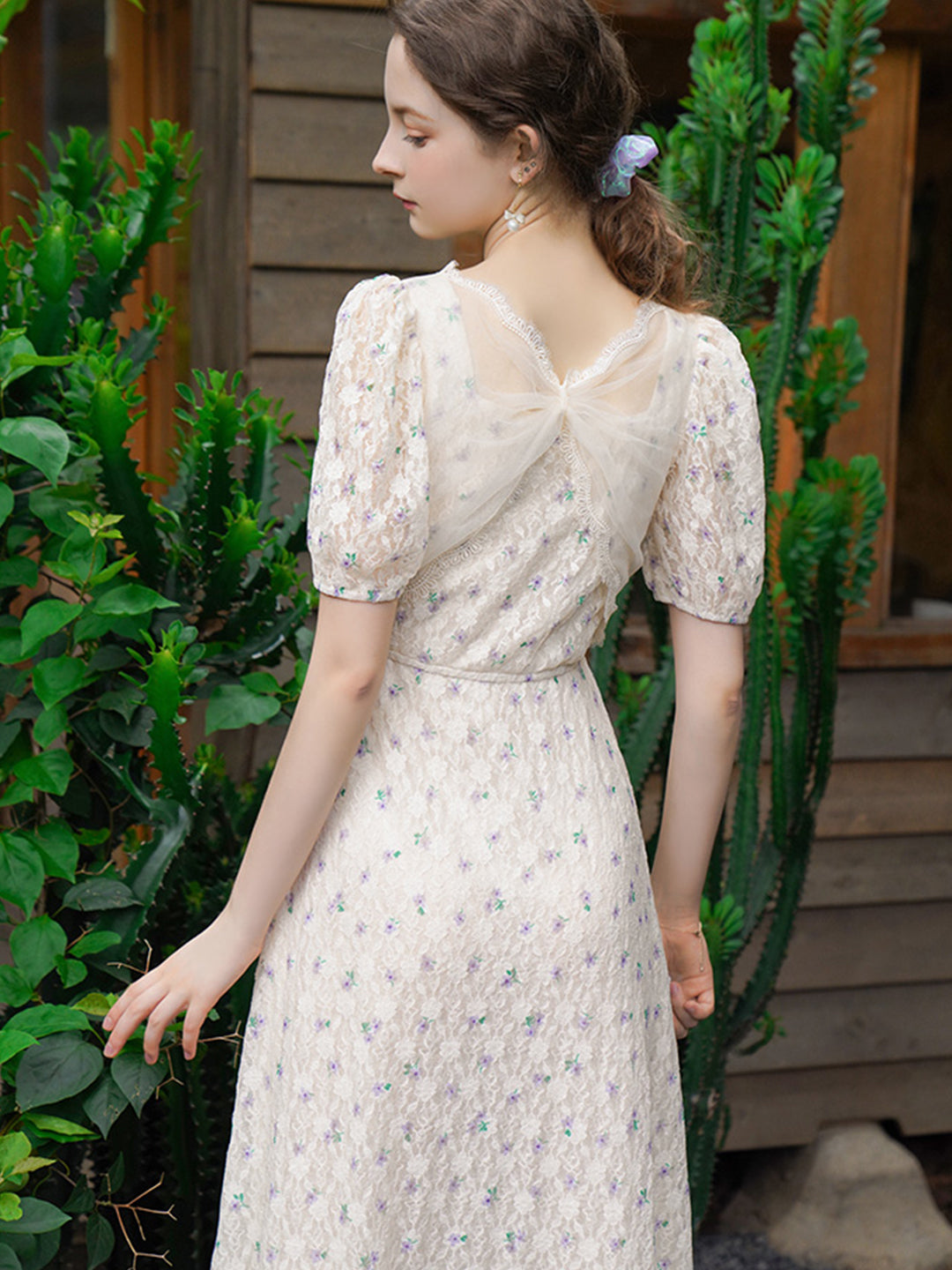 Ashley Retro Bowknot V-neck Lace Floral Puff Sleeve Dress