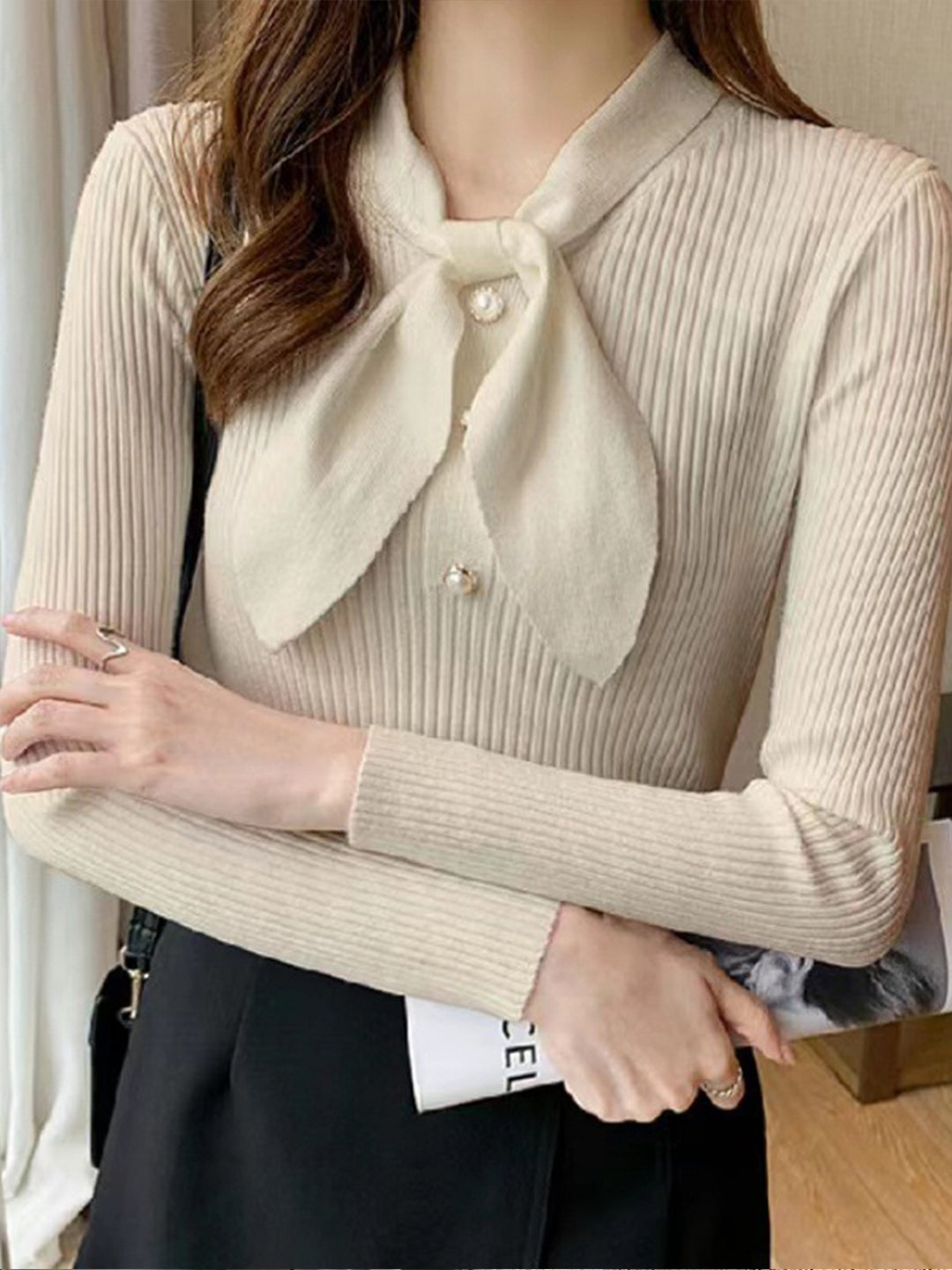 Cora Elegant Bow Tie Knitted Sweater-Apricot