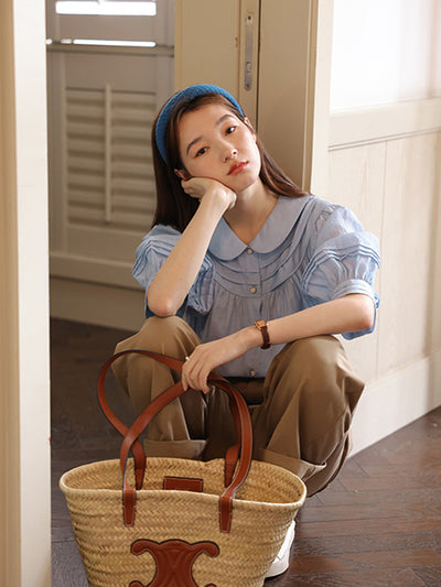 Audrey Vintage Doll Collar Cotton Shirt-Blue