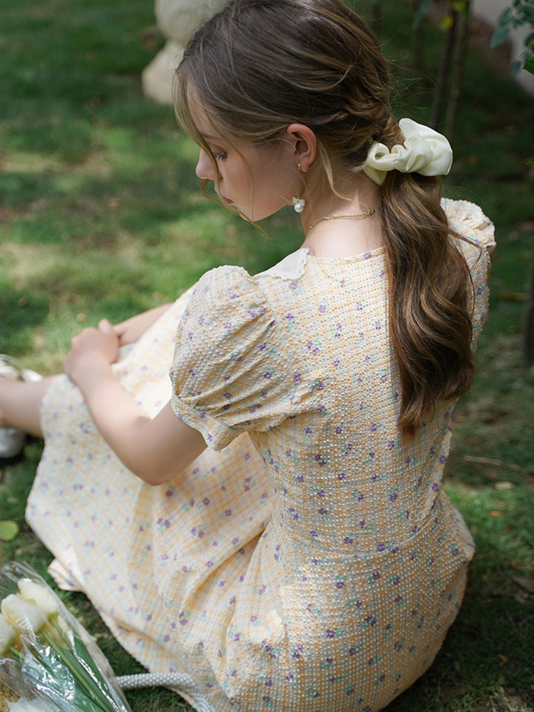 Ashley Retro Doll Collar Plaid Floral Dress