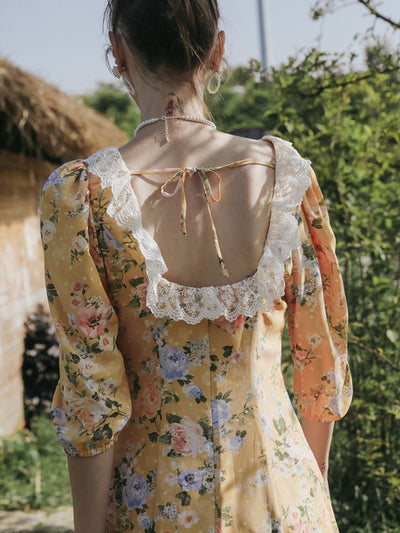 Emma Retro Lace V-neck Floral Backless Dress