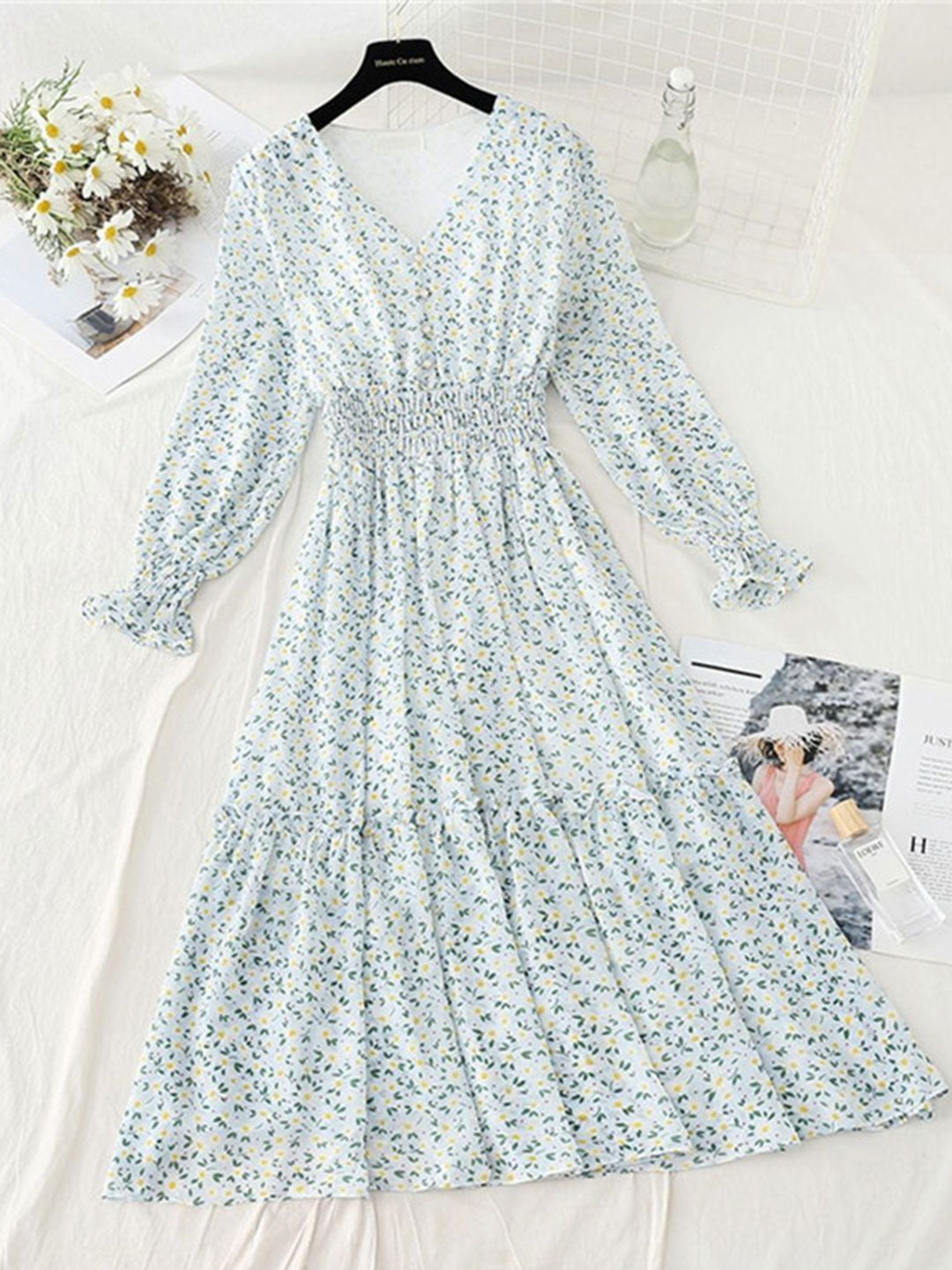 Zoey Classic Floral Ruffle Chiffon Dress-Blue