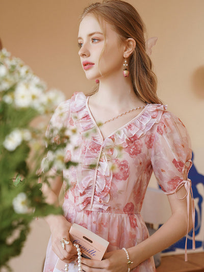 Audrey Retro Auricular Chiffon Printed Dress