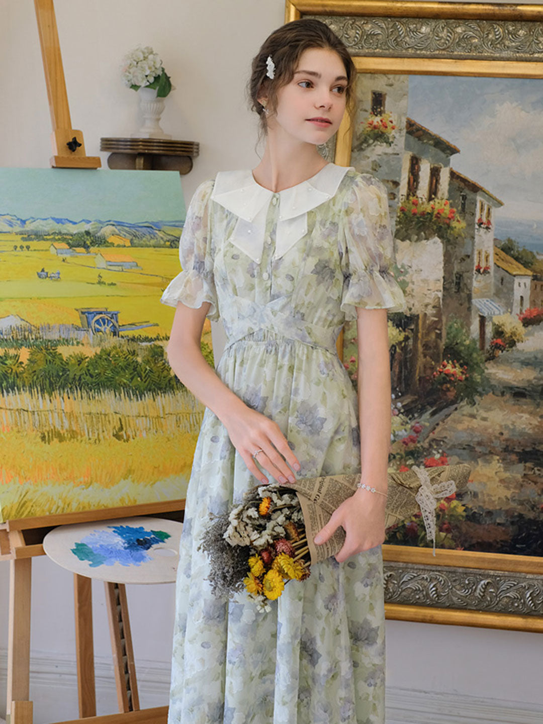 Paige Vintage Floral Chiffon Puff Sleeve Dress