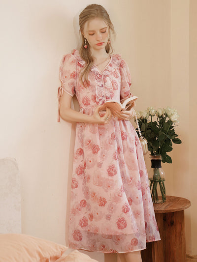 Audrey Retro Auricular Chiffon Printed Dress