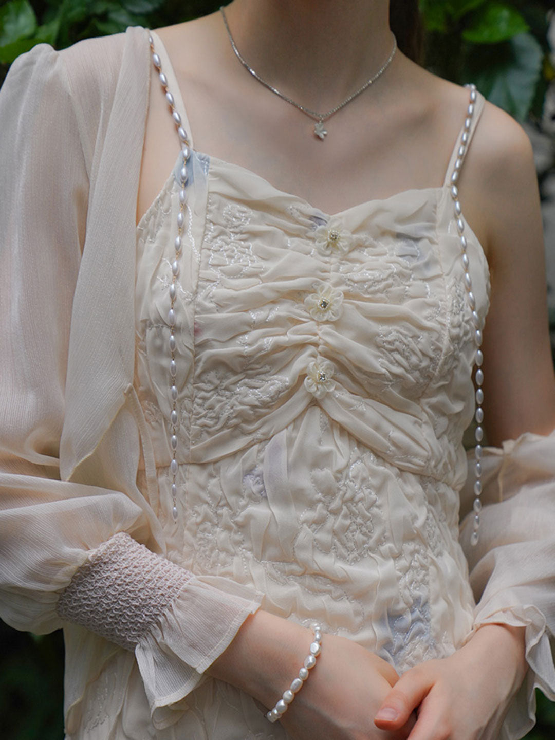 Abigail Retro Pearl Chain Sling Chiffon Cardigan Dress