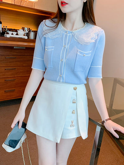 Emily Classic Pearl Lace Stitching Embroidery Tops-Yellow