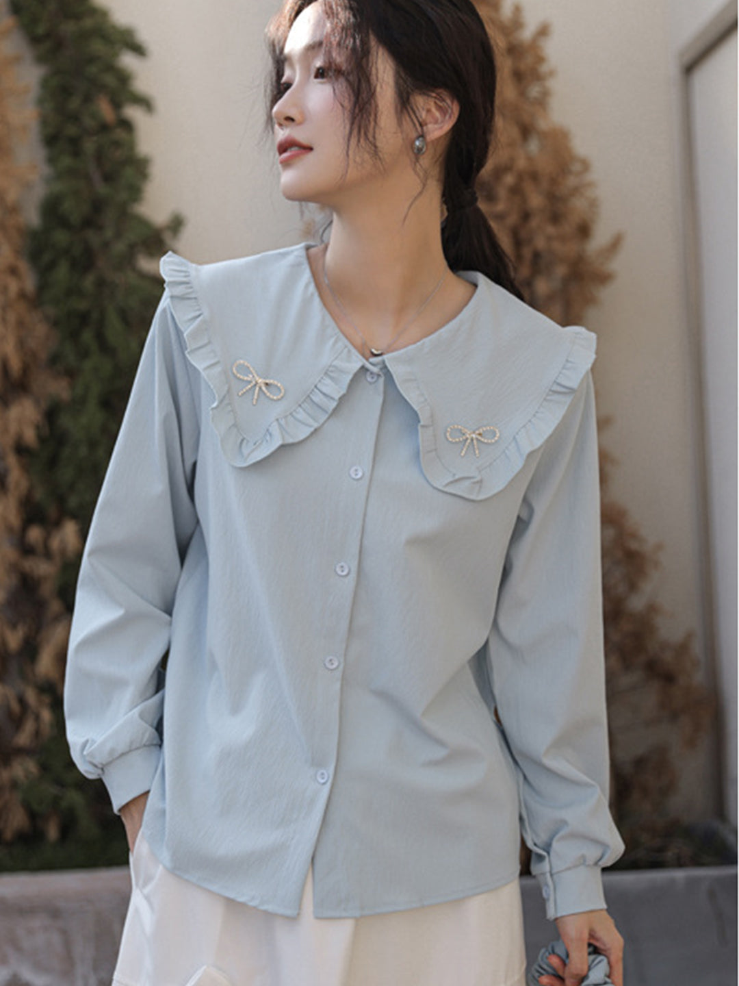 Sarah Bowknot Elegant Doll Collar Fungus Edge Shirt