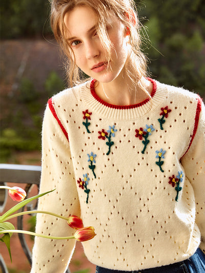 Betsy Crew Neck Retro V-Neck Patterned Knitted Sweater