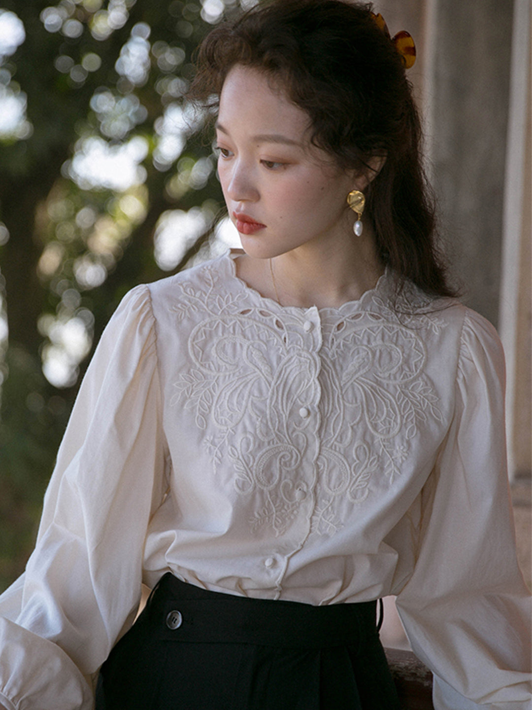 Ally Retro Embroidered Lantern Sleeve Blouse