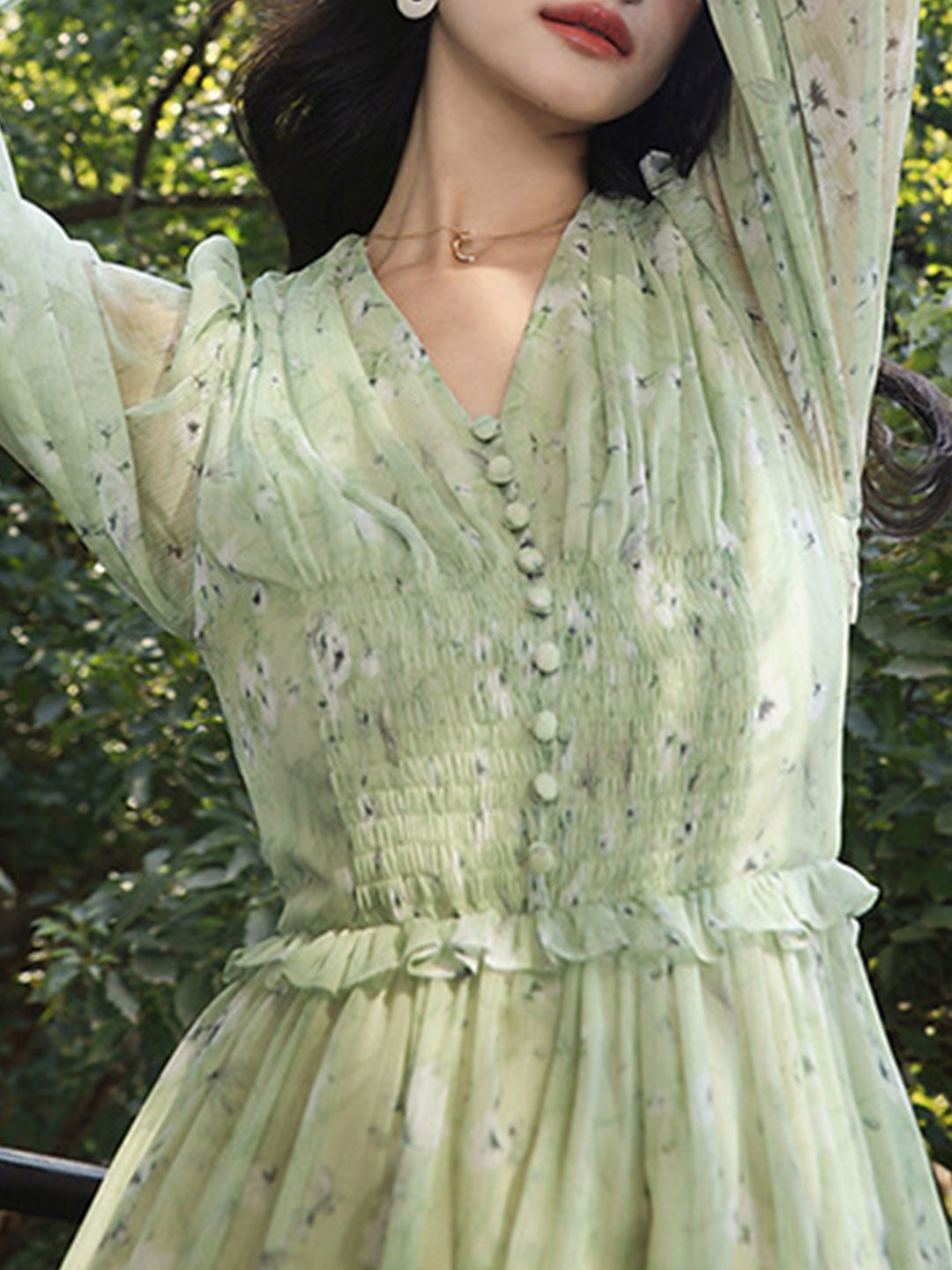 Camila Paneled Flare Sleeve Floral Dress-Long