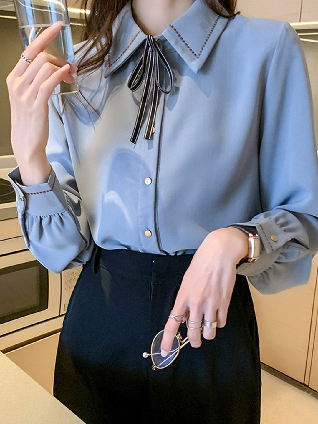 Elizabeth French Style Chiffon Bow Tie Lapel Blouse Shirt