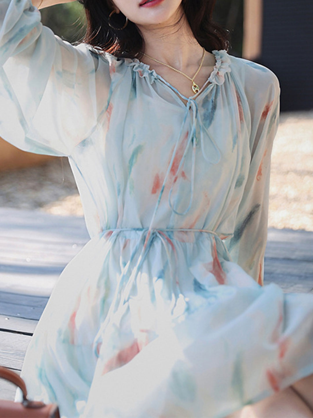 sachin and babi light blue dress Chiffon Elegant V-neck Ruffles Long Sleeve Floral Print Midi Dress –  Drewliet main image 0