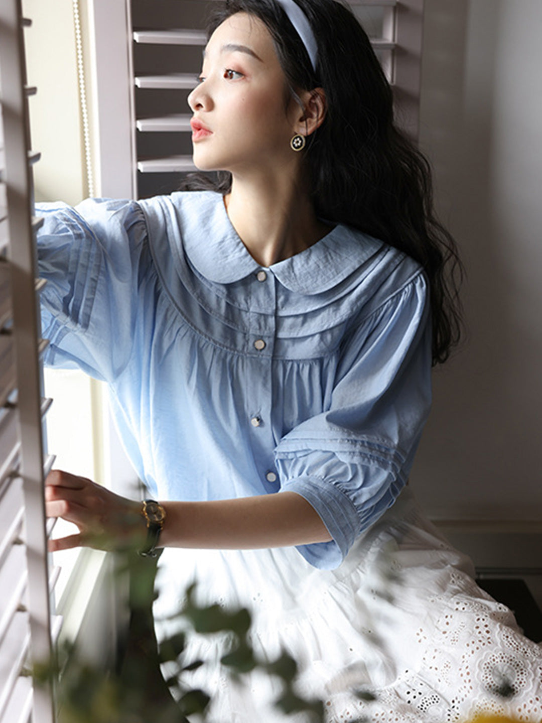 Audrey Vintage Doll Collar Cotton Shirt-Blue