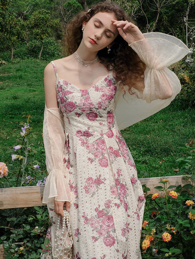 Camila Vintage Floral Embroidery Suspender Dress