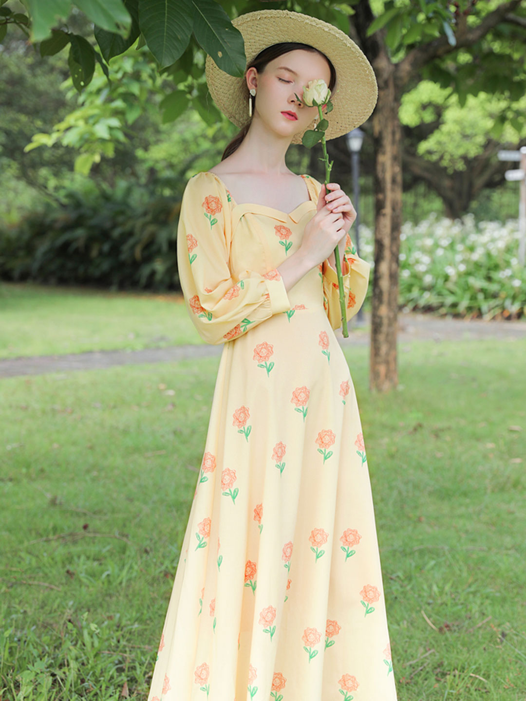 Eva Vintage Puff Sleeve Sunflower Dress