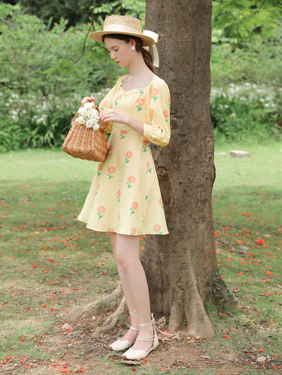 Eva Vintage Puff Sleeve Sunflower Dress