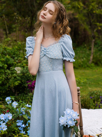 Emma Retro Square Neck Puff Sleeve Lace Panel Dress-Blue