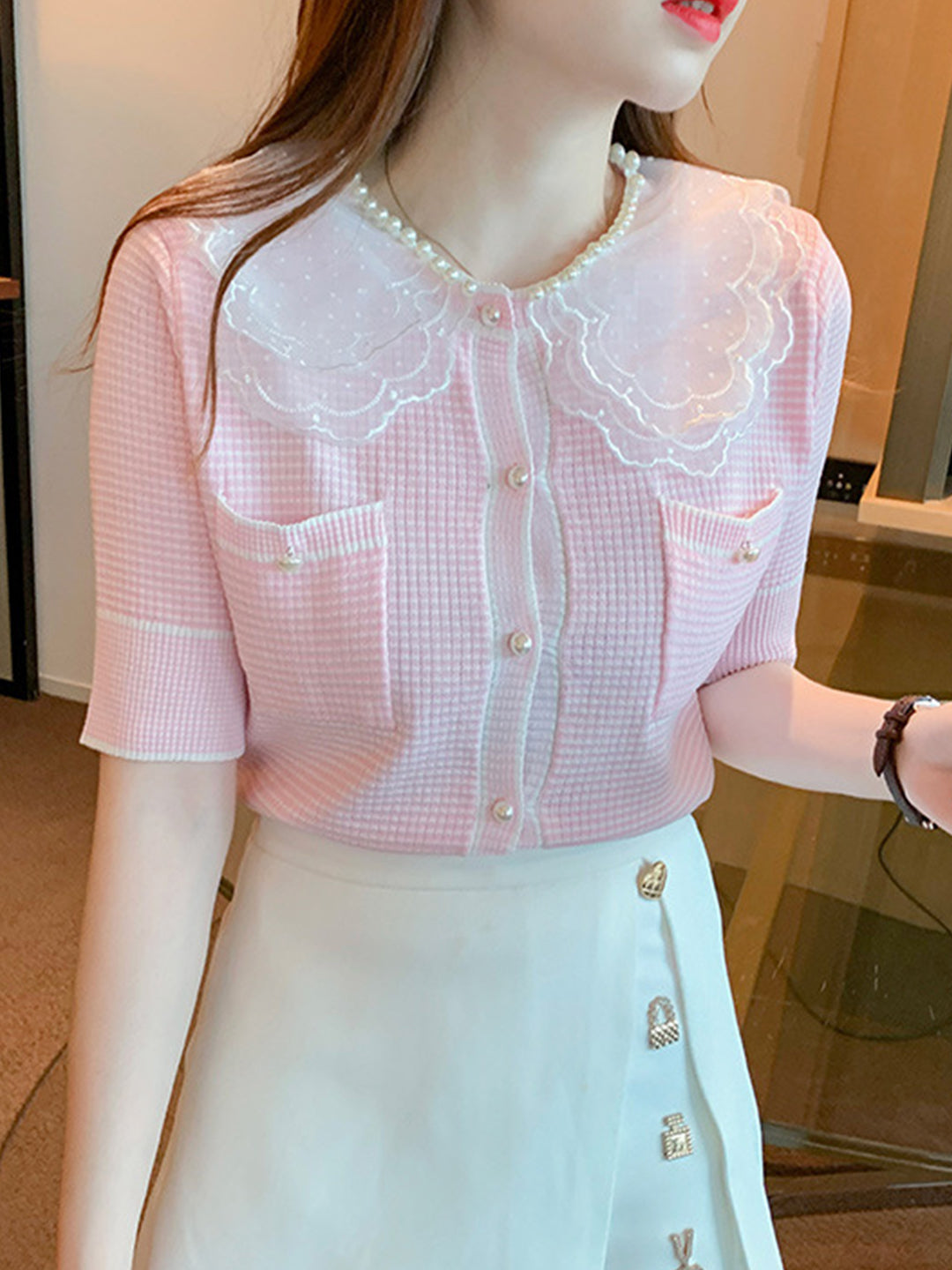 Emily Classic Pearl Lace Stitching Embroidery Tops-Blue