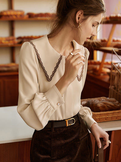 Lauren French Style Embroidered Doll collar Chiffon Blouse