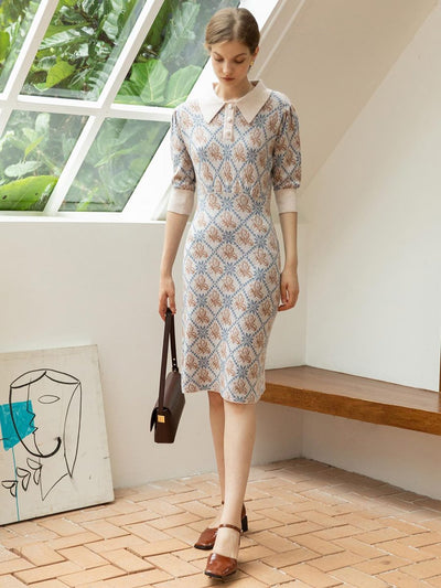 Retro Pullover Knitting Midi Dress-Light Beige