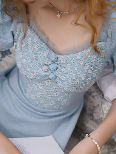 Emma Retro Square Neck Puff Sleeve Lace Panel Dress-Beige