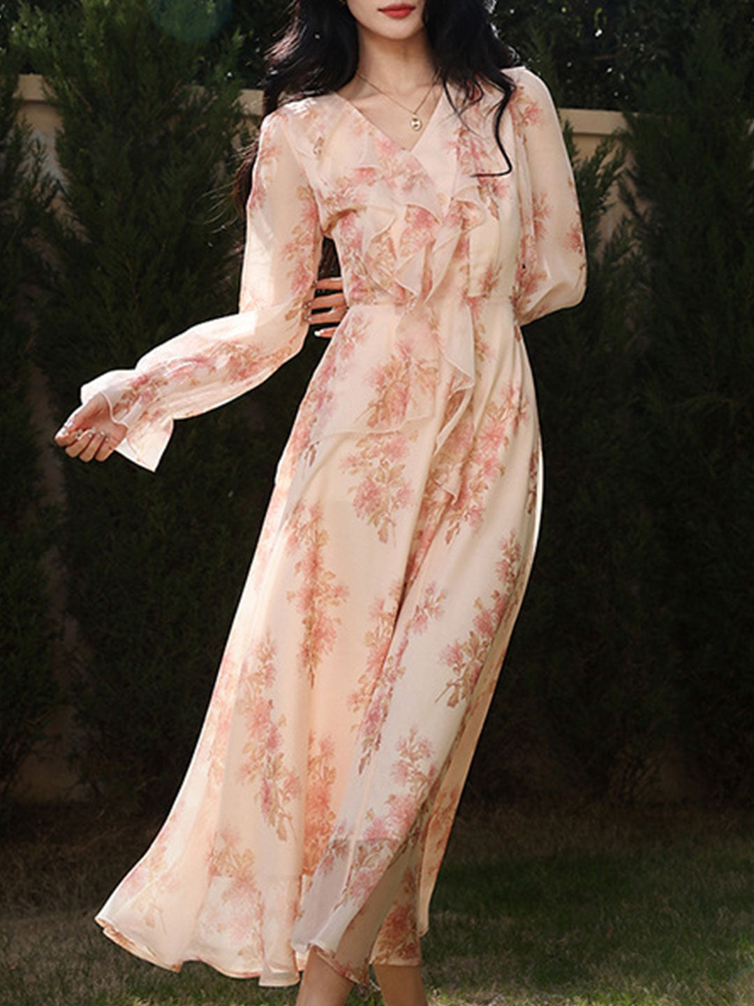 Bella Elegant Ruffle Floral Chiffon Dress