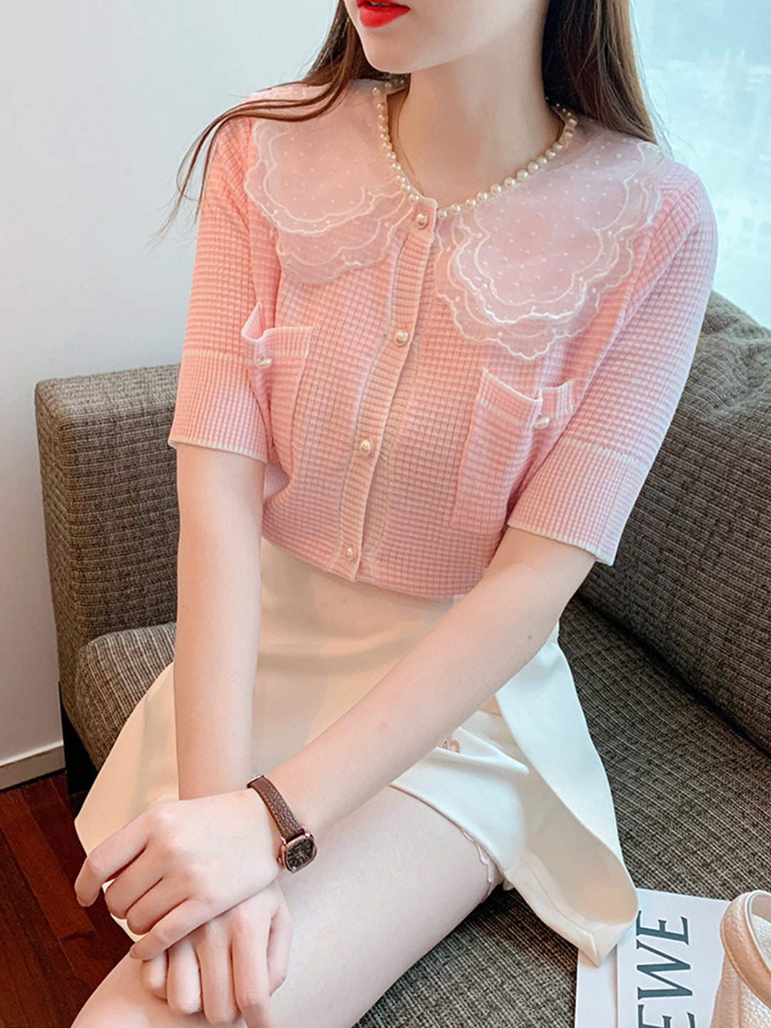 Emily Classic Pearl Lace Stitching Embroidery Tops-Yellow