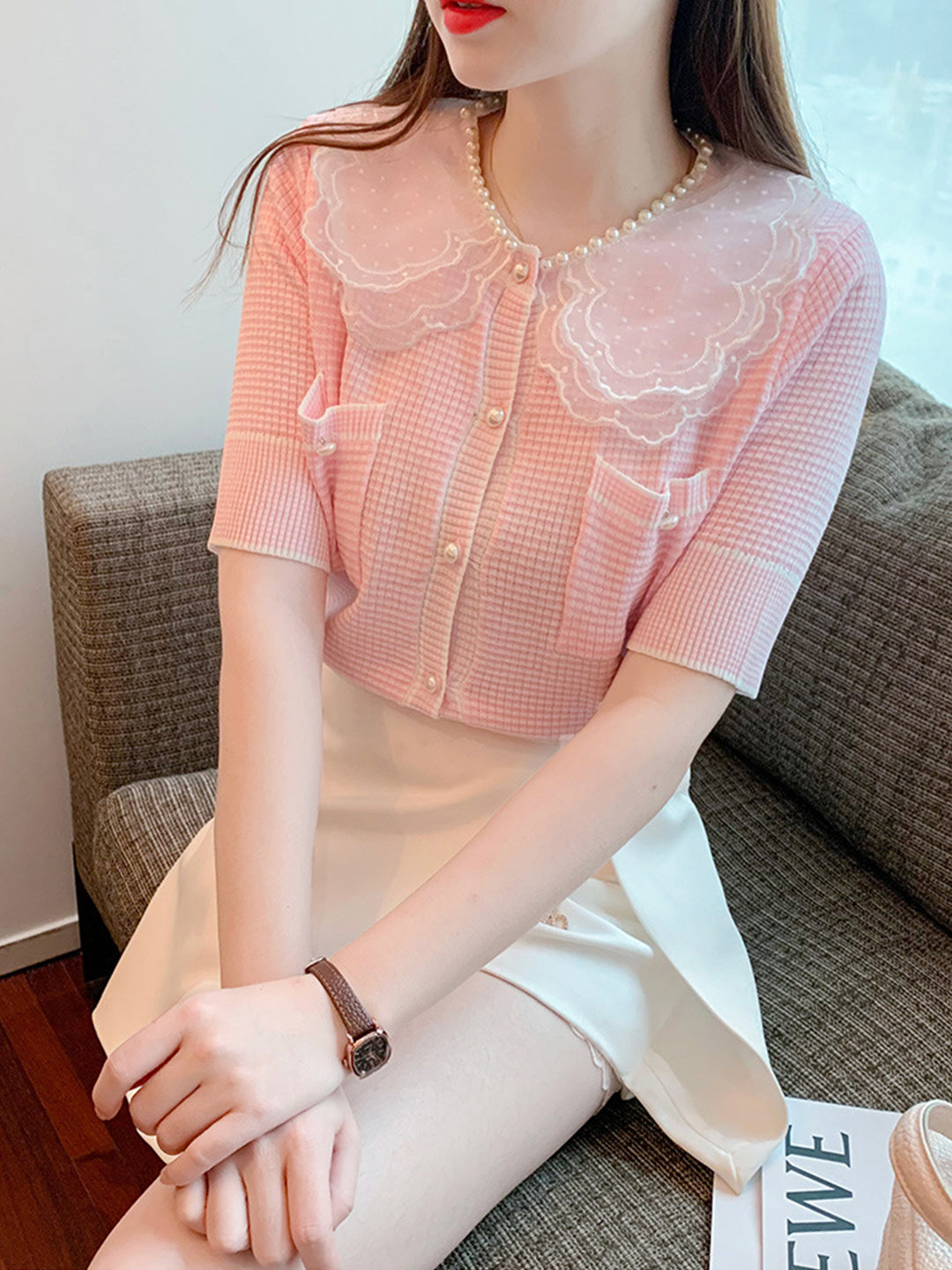 Emily Classic Pearl Lace Stitching Embroidery Tops-Pink
