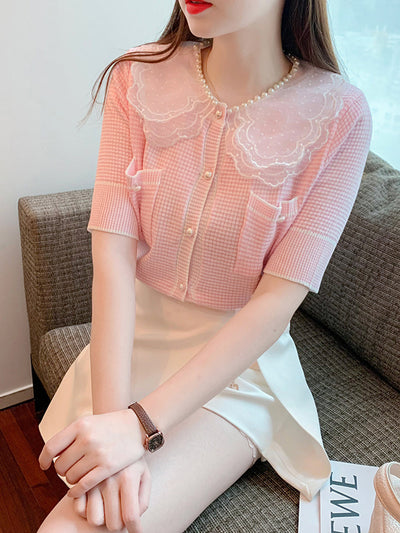 Emily Classic Pearl Lace Stitching Embroidery Tops-Pink