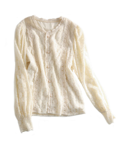 Arlene French Puff Sleeve Crew Neck Lace Top
