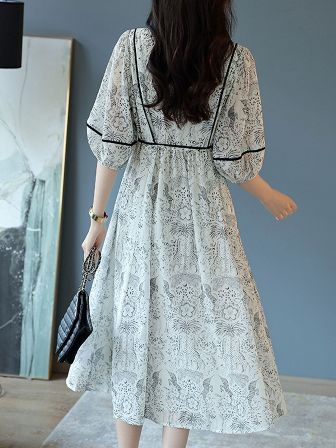 Maya Casual V-neck Printed Tie Chiffon Dress