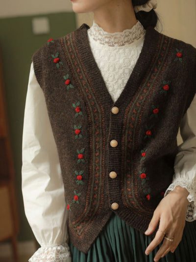 Daisy Vintage Embroidery V-Neck Knitted Vest