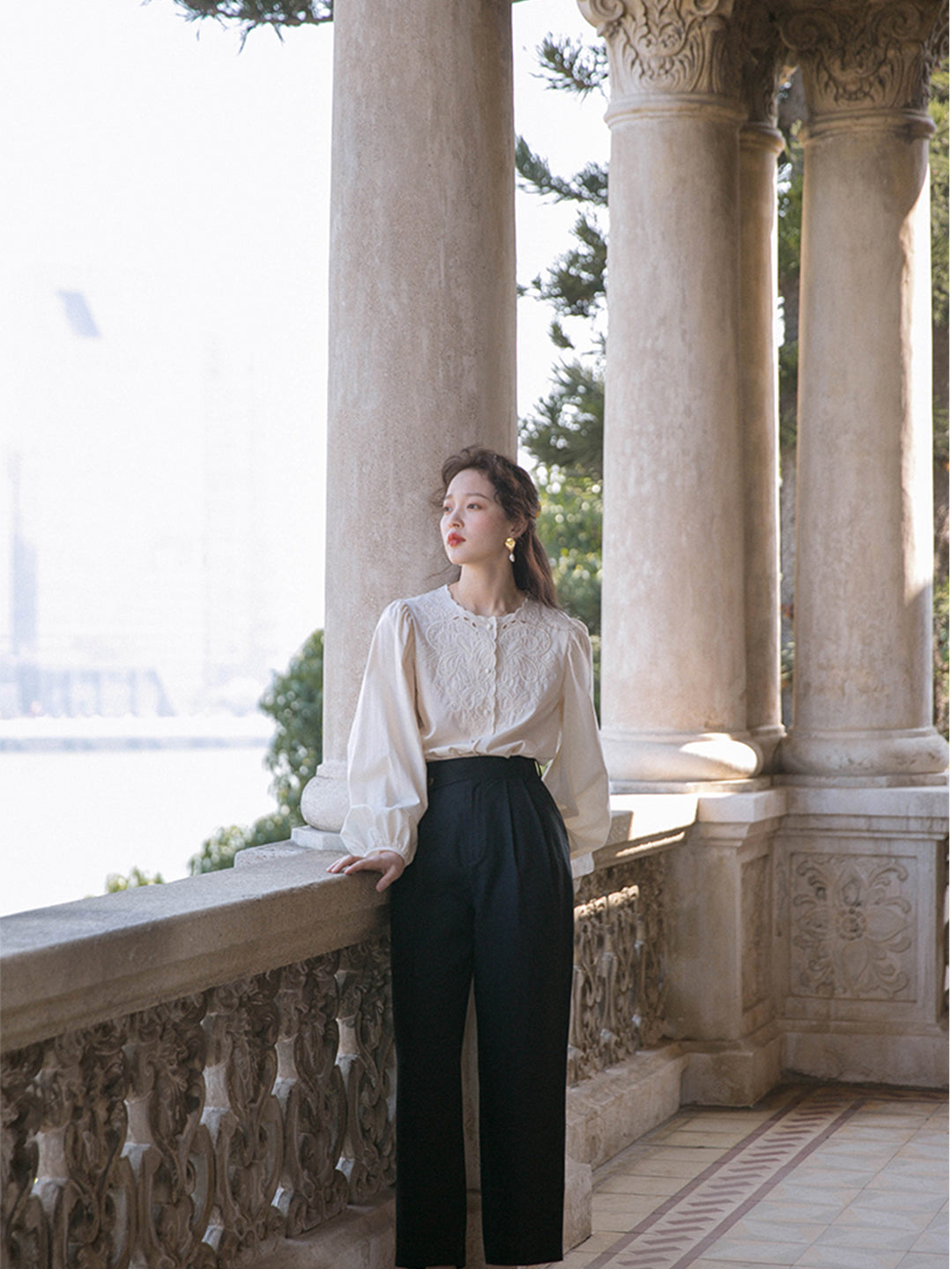 Ally Retro Embroidered Lantern Sleeve Blouse