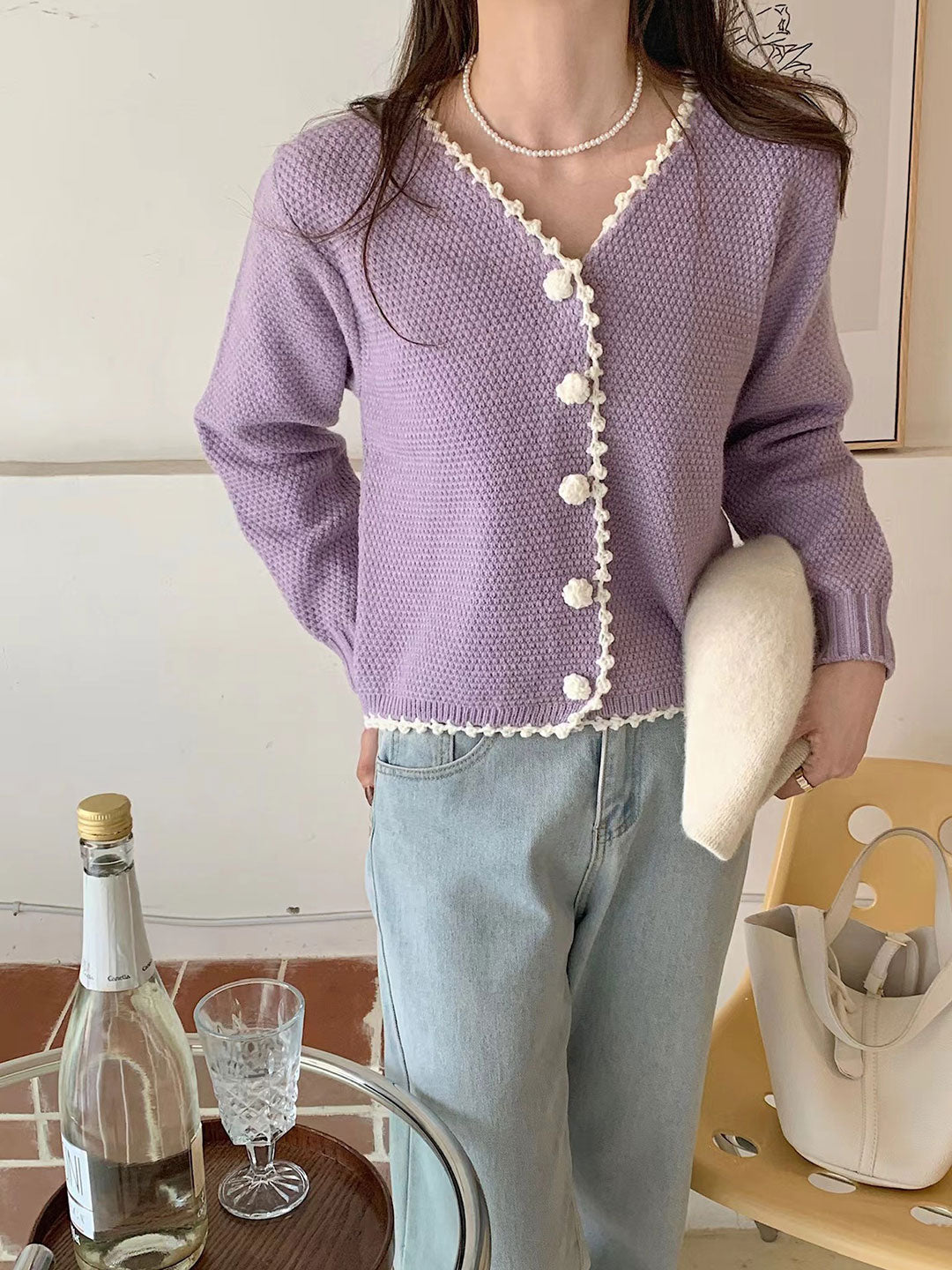 Ava French Style Waffle Knitted Cardigan Sweater