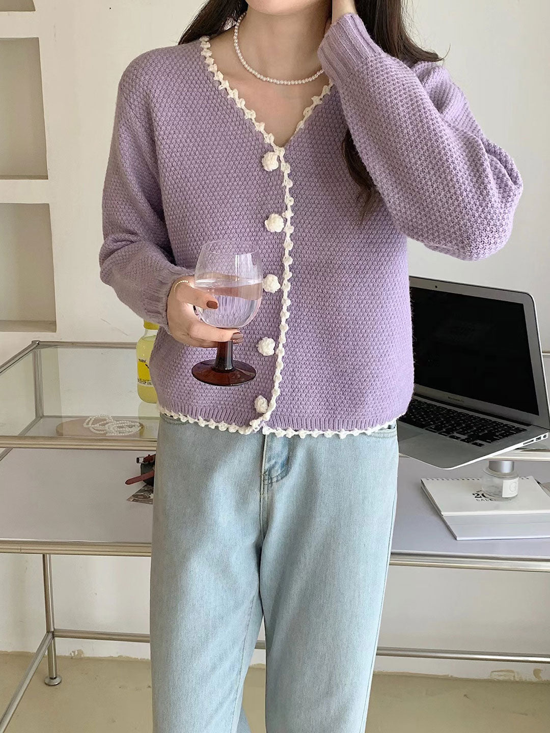 Ava French Style Waffle Knitted Cardigan Sweater