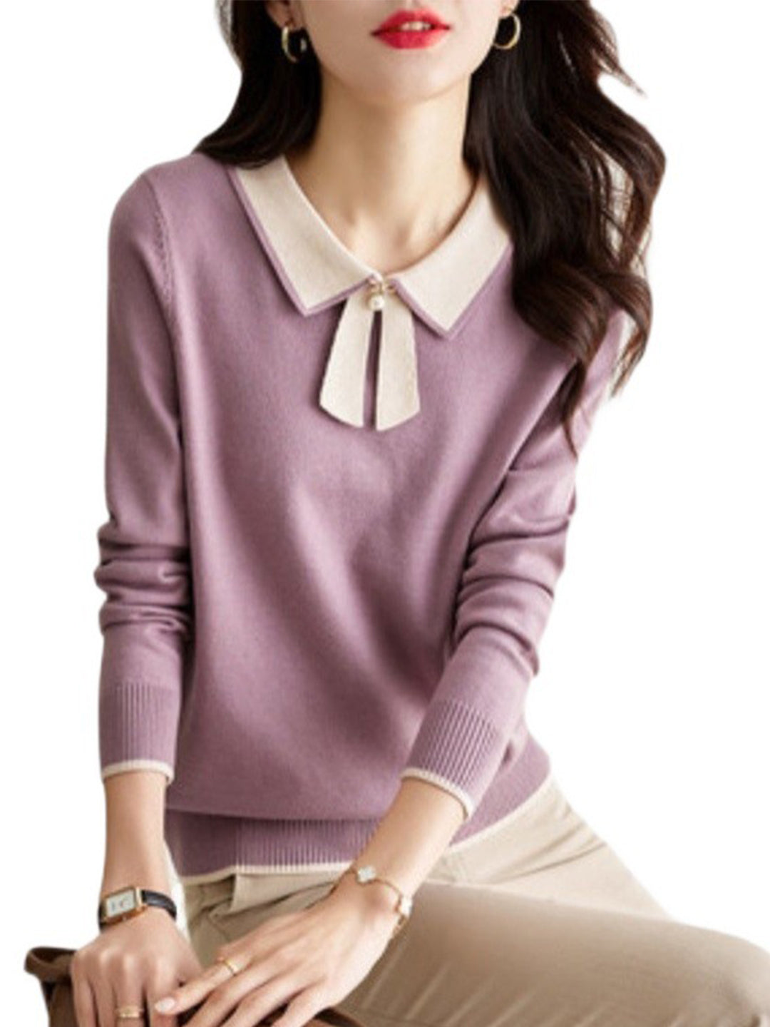 Dana French Style Contrast Color Lapel Knitted Sweater