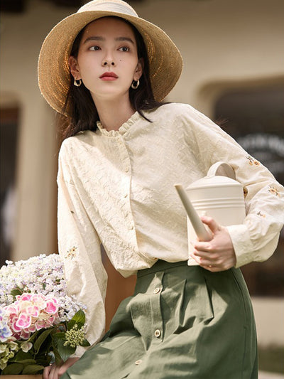 Ashley Vintage Stand-Up Collar Cotton Lace Blouse