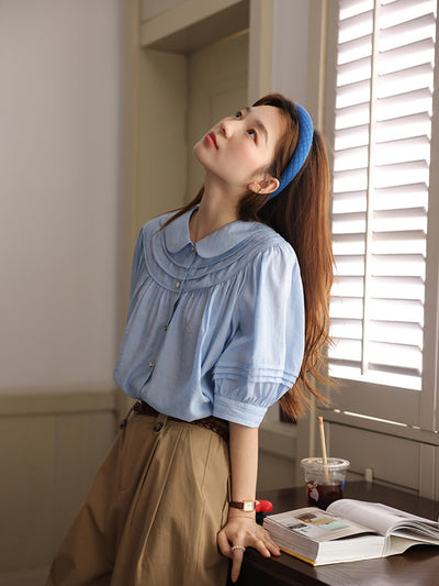 Audrey Vintage Doll Collar Cotton Shirt-Blue