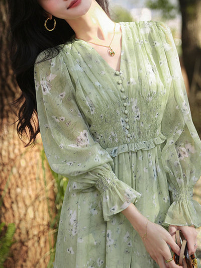 Camila Paneled Flare Sleeve Floral Dress-Short