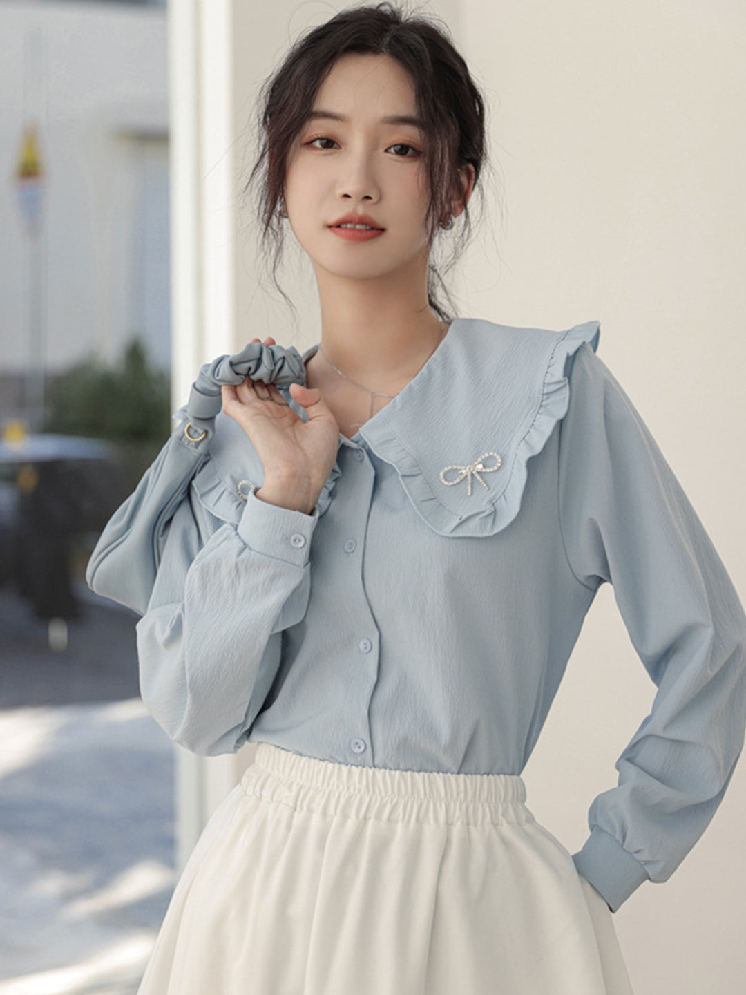 Sarah Bowknot Elegant Doll Collar Fungus Edge Shirt