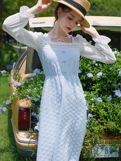 Audrey Retro Square Collar Puff Sleeve Bowknot Dress
