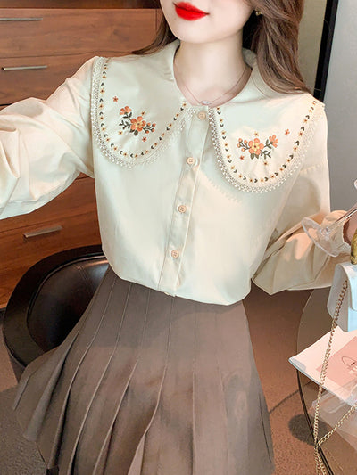Mia French French Embroidery Doll Collar Shirt