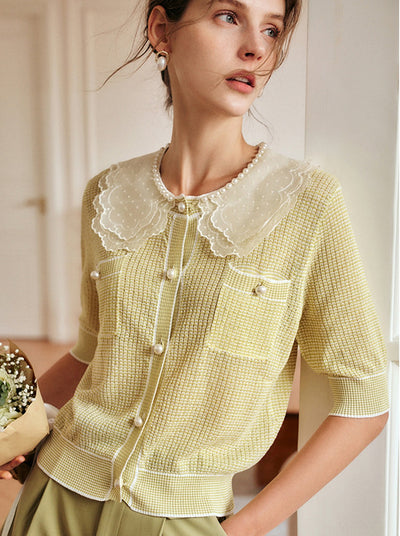 Emily Classic Pearl Lace Stitching Embroidery Tops-Yellow
